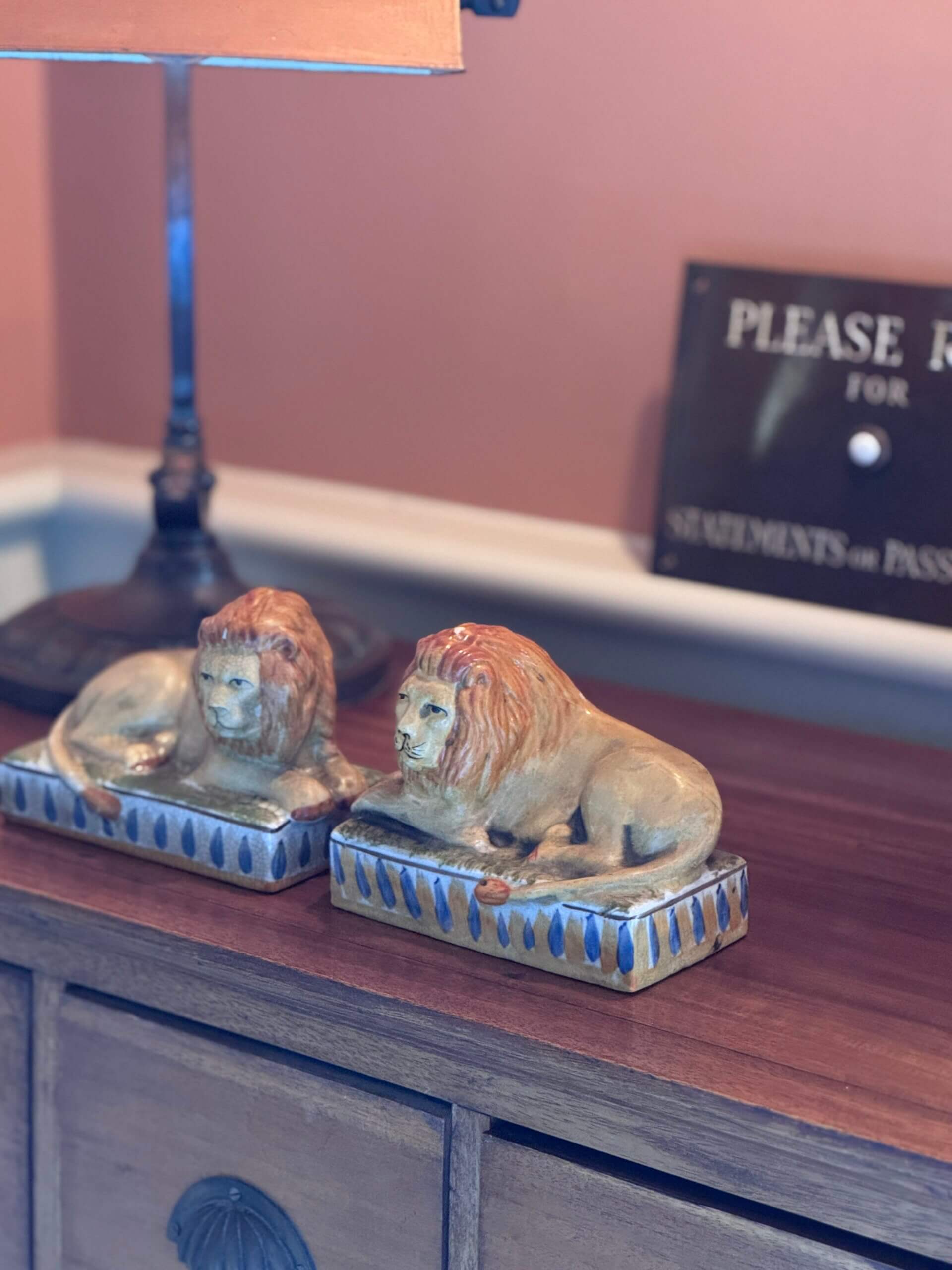 Pair of Antique Staffordshire Recumbent Lions on Plinths – 19th Century ...