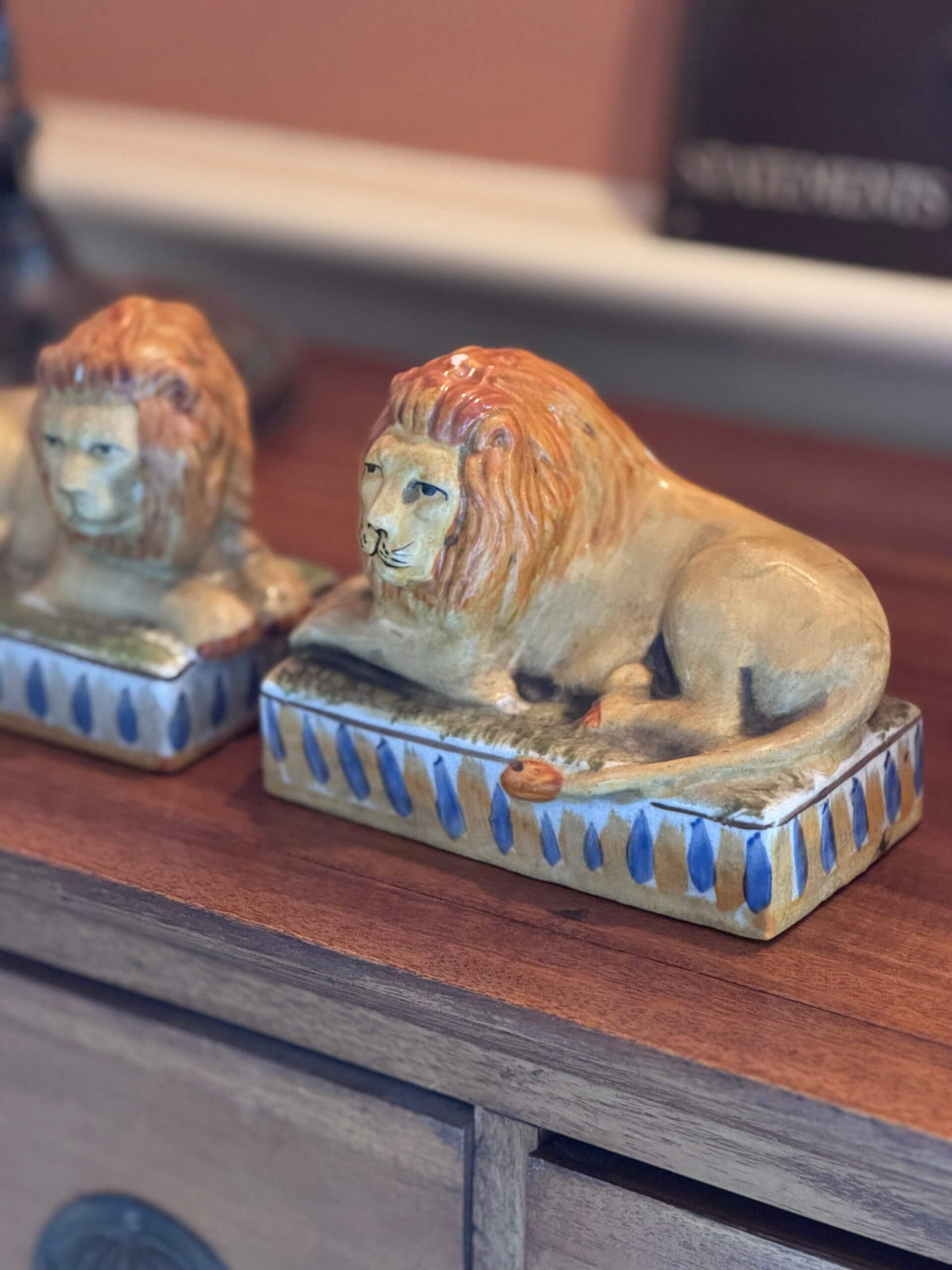 Pair of Antique Staffordshire Recumbent Lions on Plinths – 19th Century ...
