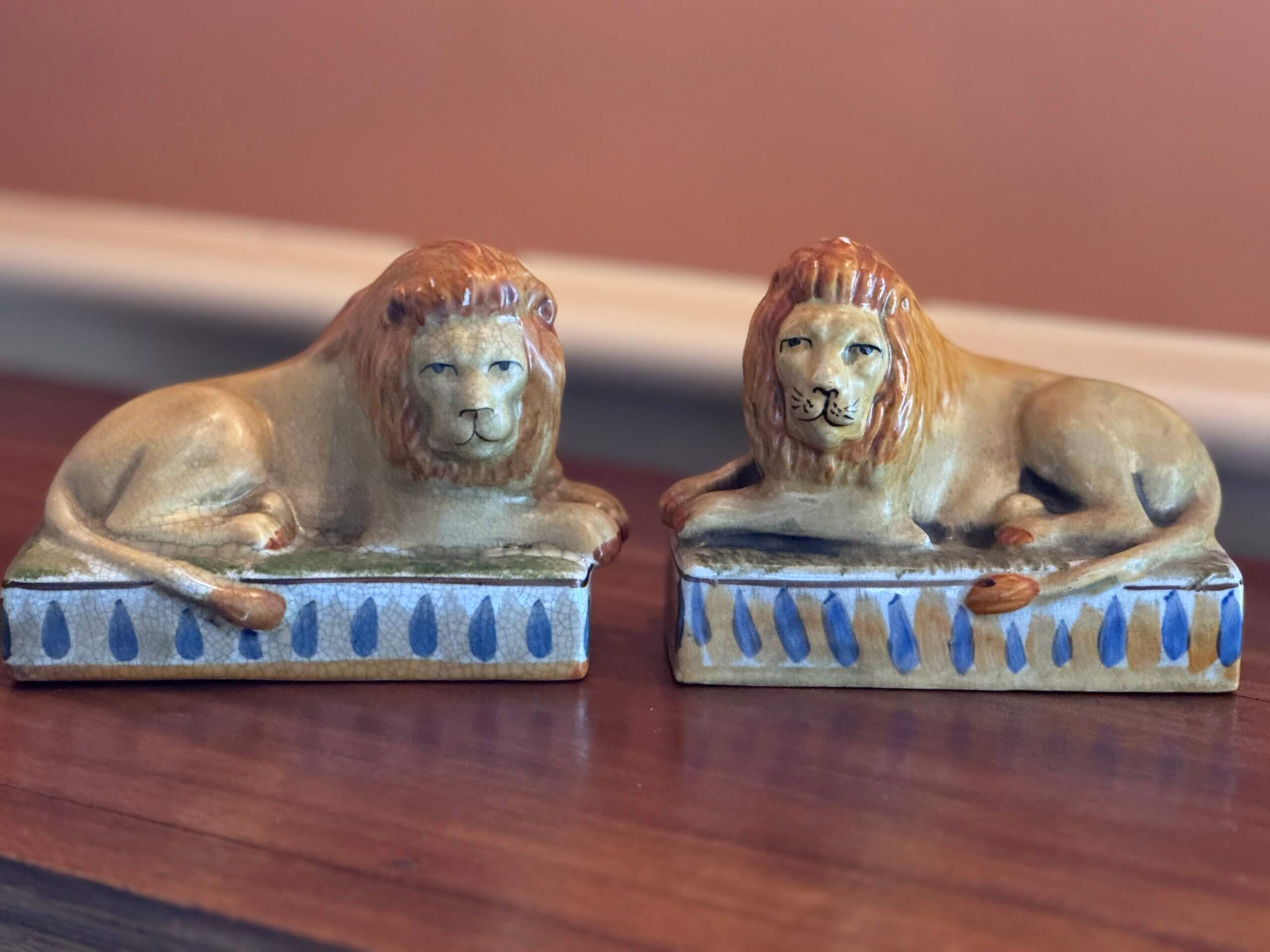 Pair of Antique Staffordshire Recumbent Lions on Plinths – 19th Century ...